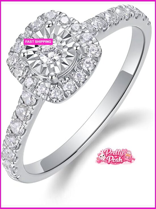 Brilliance Fine Jewelry 1/2 ct Lab Grown Diamond Double Halo  Lab Grown Diamond Engagement Ring Halo Pave Band Sterling Silver